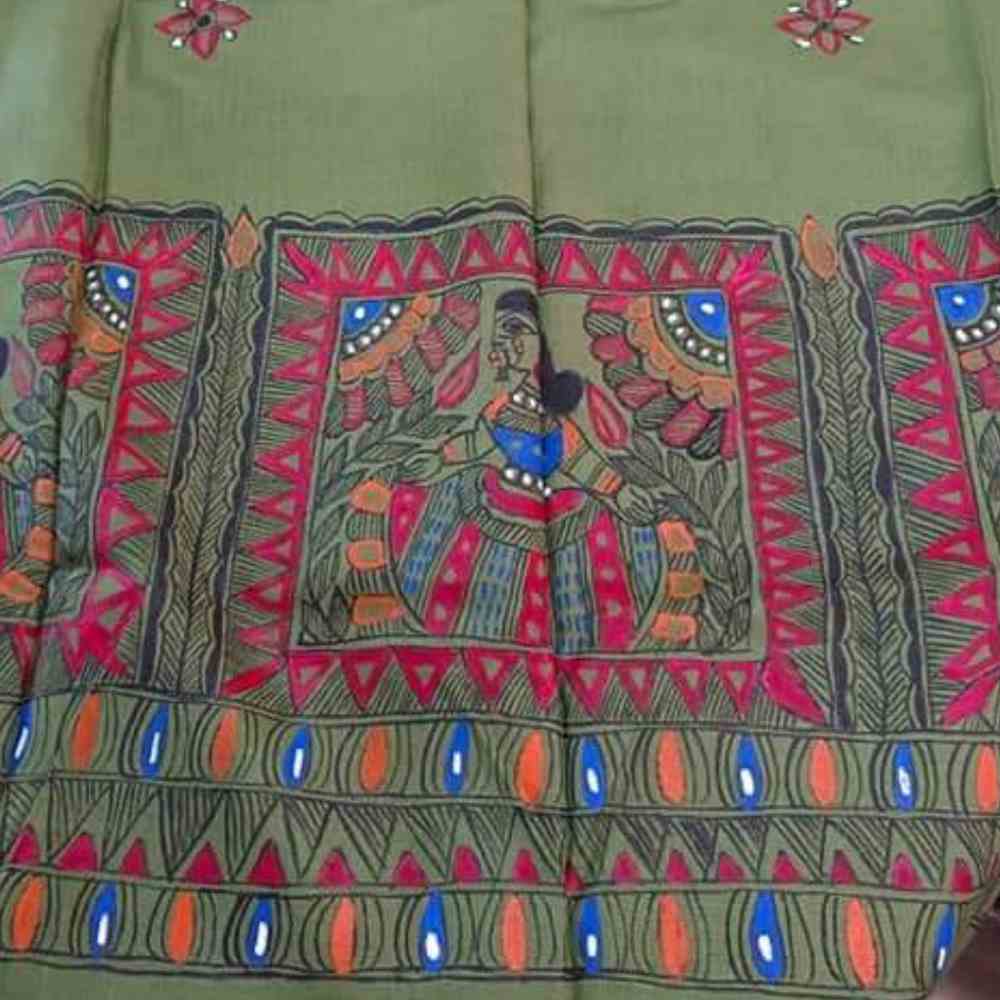 Madhubani Painting Teal Green Colour Stole - Women